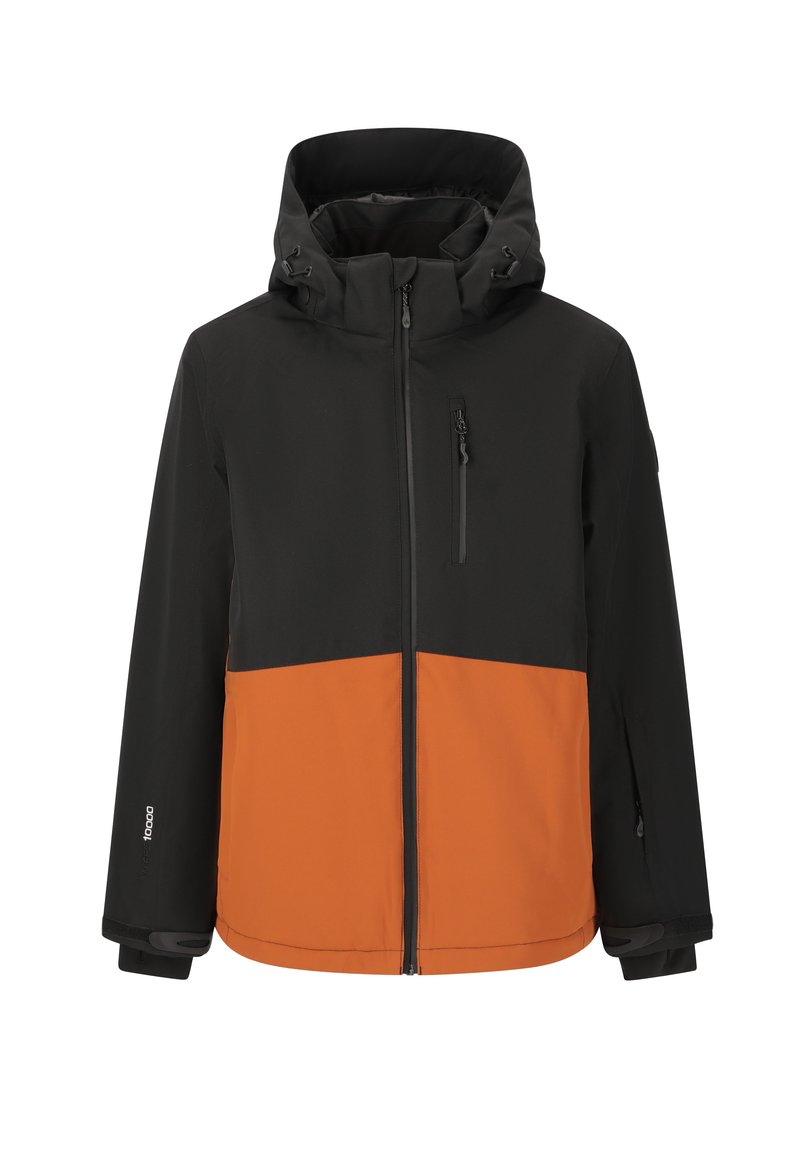 Farbblockierte Jacke mit einem schwarzen oberen Abschnitt und einem orangefarbenen unteren Abschnitt. Mit Kapuze, Reißverschlusstaschen und verstellbaren Bündchen.