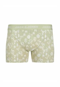 Grüne, gemusterte Boxershorts mit einem weißen grafischen Design aus abstrakten Formen und floralen Elementen. Elastischer Bund mit Markenlogo.