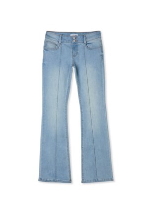 Jasnoniebieskie jeansy z denimu z lekkim rozszerzeniem, kieszeniami z przodu i z tyłu, podwójnym zapięciem na guziki i szwami na nogawkach.