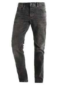 Jeans de mezclilla gris oscuro con un corte slim, diseño de cinco bolsillos, textura ligeramente descolorida y cierre de botón metálico en la cintura.