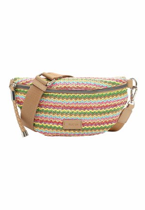 Multicolor woven fabric waist bag with tan adjustable strap, silver zipper, and a small leather label reading "RUE 09."