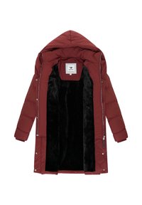 Burgunderfarget polstret jakke med svart pelsforede innredning, lange ermer, hette og glidelåsåpning. Inneholder et merkelapp.