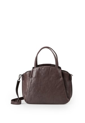 Borsa a mano in pelle marrone scuro con doppi manici, una tracolla lunga regolabile e una forma trapezoidale strutturata e arrotondata.