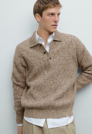 Pull en mailles brun avec un design texturé, col à revers et trois boutons, porté sur une chemise blanche, sur un fond clair.