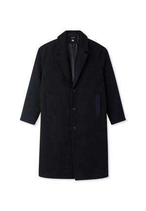 Cappotto lungo nero con colletto a risvolto, tre bottoni e due tasche frontali, taglia XL, posato su uno sfondo bianco.