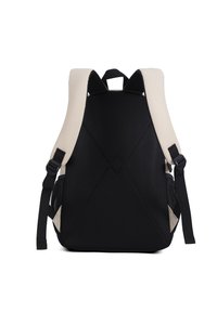 Zaino nero con pannello posteriore in rete, spallacci imbottiti beige, cinturini neri regolabili e un design snello per il comfort.