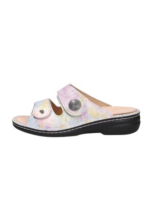Open-toe slide sandal with a multicolored floral pattern, adjustable strap, silver accent button, soft insole, and black outsole.