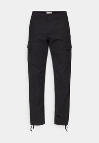 Černé pracovní kalhoty z bavlny, se dvěma bočními kapsami, stahovacími manžetami a zipem na předním díle. Rovný střih nohavic s hladkou texturou.