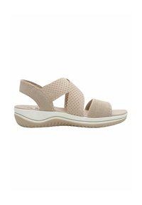 Sandal beige con punta aperta, con cinghie incrociate, design perforato, suola imbottita e suola testurizzata per una migliore aderenza. Materiale leggero e traspirante.