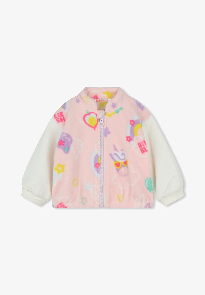 Giacca in pile rosa con maniche bianche, chiusura a zip, caratterizzata da motivi colorati di cuori, stelle e unicorni. Texture morbida.