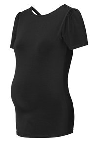 Top de maternidad negro hecho de una tela suave y elástica. Presenta mangas cortas abullonadas y un sutil diseño con corte en la parte posterior. Ajuste ceñido.