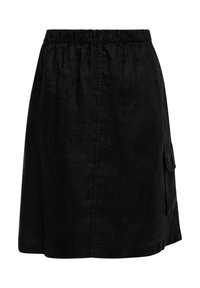 Jupe noire en lin avec une taille élastique et une poche latérale. Le design est à hauteur de genoux avec une coupe décontractée et une texture lisse.