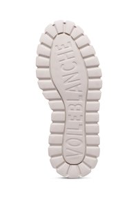Rubber sneaker sole in off-white, featuring a ridged design, embossed logo, and textured surface for traction.