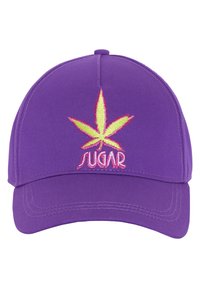 Purple baseball cap with a curved brim featuring an embroidered green and yellow leaf design and the word "SUGAR" in pink.
