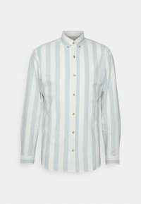 Camicia a maniche lunghe a righe azzurre e bianche, stile button-up, in cotone, con bottoni dorati e colletto.
