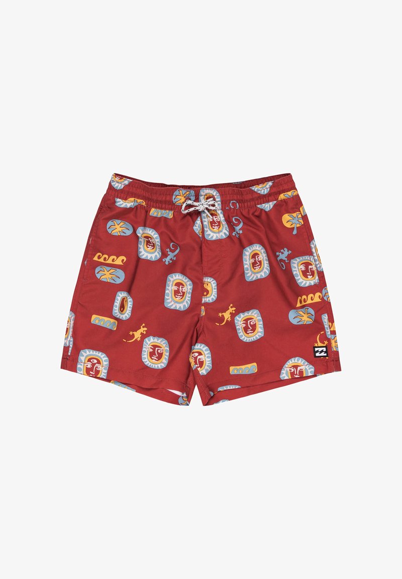 Červené plávacie šortky s mixom vzorov, vrátane ilustrácií jašteríc a abstraktných tvarov v modrej a žltej farbe. Elastický pás s šnúrkou.