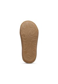 Suela de zapato de goma en color marrón. Presenta una superficie texturizada y un patrón circular de logotipos. Incluye el nombre de la marca "naturino" grabado.