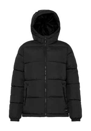 Schwarze Puffjacke mit Kapuze, mit Reißverschluss vorne, gestepptem Design, zwei Seitentaschen und elastischen Bündchen für eine perfekte Passform.