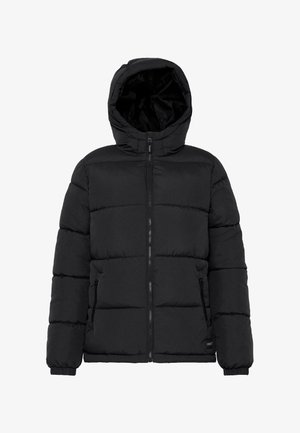 Čierna nafukovacia bunda s kapucňou, so zipsovým predným uzatvorením, prešívaným dizajnom, dvoma bočnými vreckami a elastickými manžetami pre pohodlné nosenie.