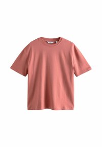 T-Shirt mit kurzen Ärmeln in Korallenpink, aus weichem Baumwollstoff gefertigt. Verfügt über einen Rundhalsausschnitt und einen geraden Saum ohne zusätzliche Muster oder Akzente.