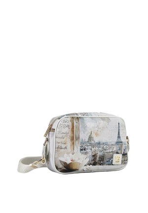 Piccola borsa a tracolla con stampa del paesaggio urbano di Parigi, inclusa la Torre Eiffel e fiori, dotata di tracolla regolabile beige e cerniera dorata.