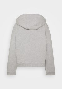 Felpa grigia corta con cappuccio, caratterizzata da una texture liscia, maniche ampie e polsini e orlo a coste. La vista posteriore mostra un design minimale.