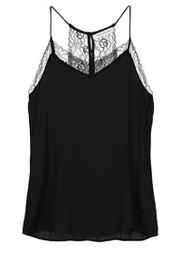 Svart cami-top i satin med spetsdetaljer vid kragen och axelbanden, mjuk tyg och en avslappnad passform.