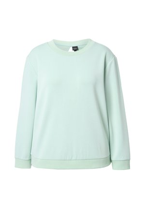 Mintgroene sweatshirt gemaakt van zachte stof, met een ronde halslijn, lange mouwen en geribde boorden en onderkant. Geen patronen of accenten.