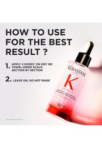 Sérum capillaire Kérastase Genesis dans un flacon transparent avec un dégradé rose. Comprend un compte-gouttes et des instructions d'utilisation en texte gras.