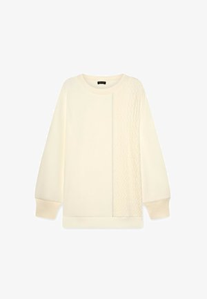 Cremiger Sweatshirt mit einem Kabelstrickdetail auf einer Seite, gerippten Bündchen und rundem Halsausschnitt. Weicher Stoff und entspannte Passform.