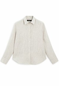 Jasno beżowa koszula zapinana na guziki, z długimi rękawami, kołnierzykiem, o teksturowanym paskowanym wzorze. Wykonana z miękkiego materiału, z zaokrąglonym dołem, z guzikami z przodu.