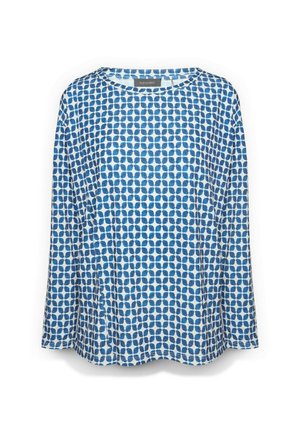 Blauw-wit shirt met lange mouwen, voorzien van een gestippeld patroon, ronde hals en een losse pasvorm. Gemaakt van lichtgewicht stof met een zachte textuur.