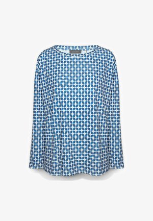 Blauw-wit shirt met lange mouwen, voorzien van een gestippeld patroon, ronde hals en een losse pasvorm. Gemaakt van lichtgewicht stof met een zachte textuur.