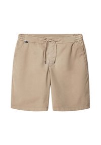Bermuda shorts color khaki realizzati in tessuto leggero, con vita elastica e cordoncino, tasche laterali e una vestibilità comoda.