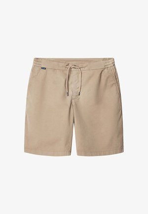 Khaki szorty bermudy wykonane z lekkiego materiału, z elastycznym pasem z sznurkiem, bocznymi kieszeniami i luźnym krojem.