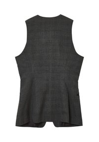 Gilet a quadri grigio senza maniche, con una texture liscia, forma affusolata e uno spacco sul retro per facilità di movimento.