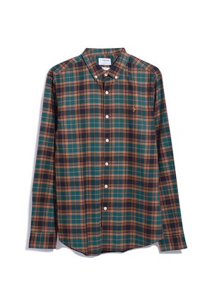 Groen en bruin geruite blouse met lange mouwen, button-down kraag en witte knopen. Heeft een klein gouden logo op de borst.