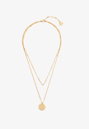 Złoty wielowarstwowy naszyjnik z dwoma łańcuszkami, z których jeden posiada gładki okrągły wisiorek. Tekstura łańcuszka zawiera małe ogniwa i ozdobne koraliki.