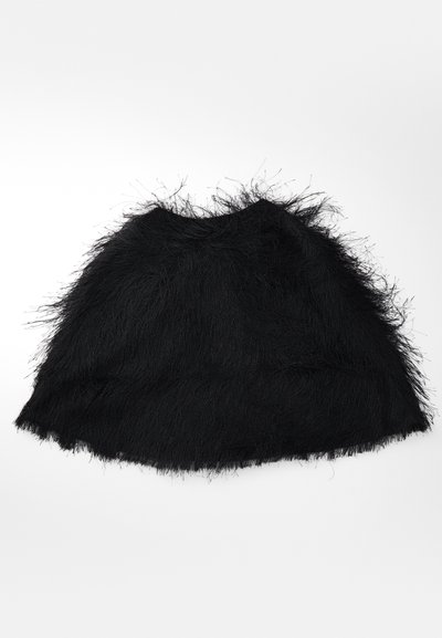 Black faux fur cropped jacket with long, wispy fibers and a round neckline, displayed flat on a white background.
