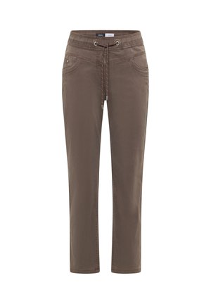 Pantalon décontracté marron avec taille à cordon, poches avant et jambes droites, conçu pour un port quotidien confortable.
