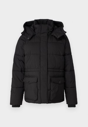 Black puffer jacket with a hood, quilted design, two front pockets, and elastic cuffs. Features a high collar and snap closures.