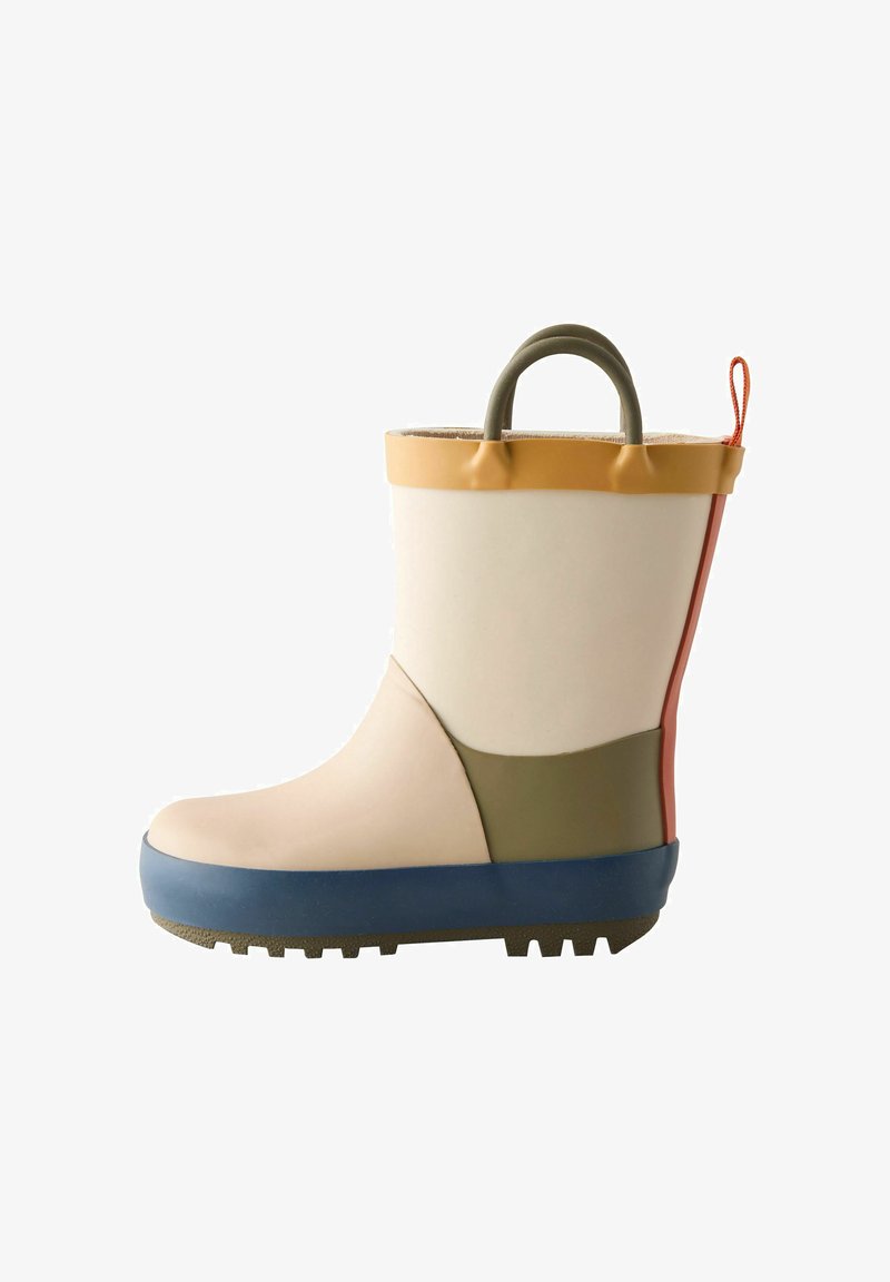 Stivale da pioggia in gomma colorato con punta arrotondata, altezza fino al polpaccio, suola texturizzata e segmenti a contrasto in beige, verde, giallo e blu.
