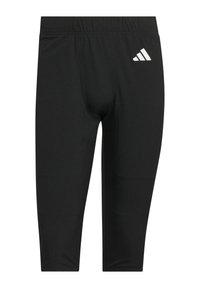 Black athletic leggings made of smooth, stretchy material, featuring a white Adidas logo on the left side and an elastic waistband.