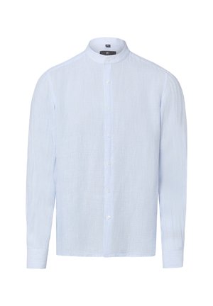 Hellblaues, langärmeliges Hemd mit dünnen vertikalen Streifen und einem Stehkragen im Mandarinstil.
