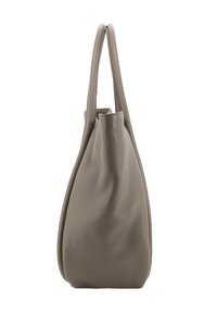 Borsa a mano in pelle grigia con una finitura morbida e testurizzata. Presenta due manici e un design morbido, che si restringe verso la base.