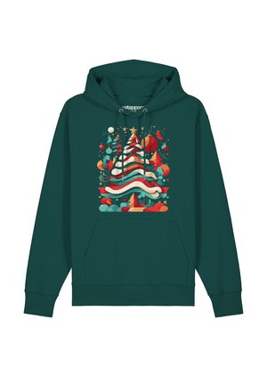 Dunkelgrüner Kapuzenpullover mit einem bunten Grafikdesign eines Weihnachtsbaums, geschmückt mit Ornamenten und festlichen Elementen. Ausgestattet mit einer frontalen Tasche und einer Kordelzugkapuze.