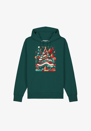 Dunkelgrüner Kapuzenpullover mit einem bunten Grafikdesign eines Weihnachtsbaums, geschmückt mit Ornamenten und festlichen Elementen. Ausgestattet mit einer frontalen Tasche und einer Kordelzugkapuze.