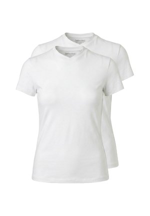 Deux t-shirts blancs unis à manches courtes et col rond, l'un légèrement derrière l'autre, affichés sur fond blanc.