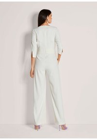 Lichtgrijze jumpsuit met driekwartmouwen, ritssluiting aan de achterkant en wijd uitlopende broekspijpen. Bevat sleuven aan de uiteinden van de mouwen en een getailleerde taille.