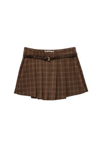 Falda de cuadro marrón con plisados y un cinturón de faux cuero a juego con hebilla dorada. Fabricada con un tejido de textura suave.